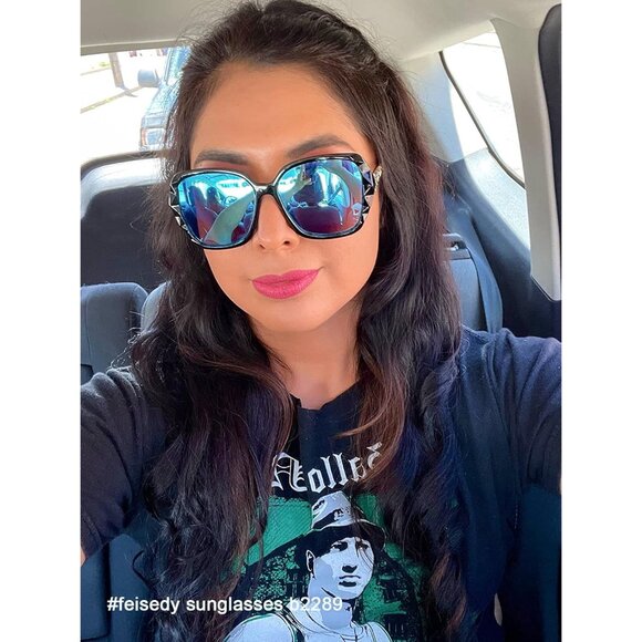 Women's Crystal Square Blue Sunglasses Sparkling Composite Shiny Frame Design - Picture 4 of 8